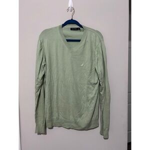 Nautica Mens Green V Neck Sweater Long Sleeve Cotton Blend Casual Large‎